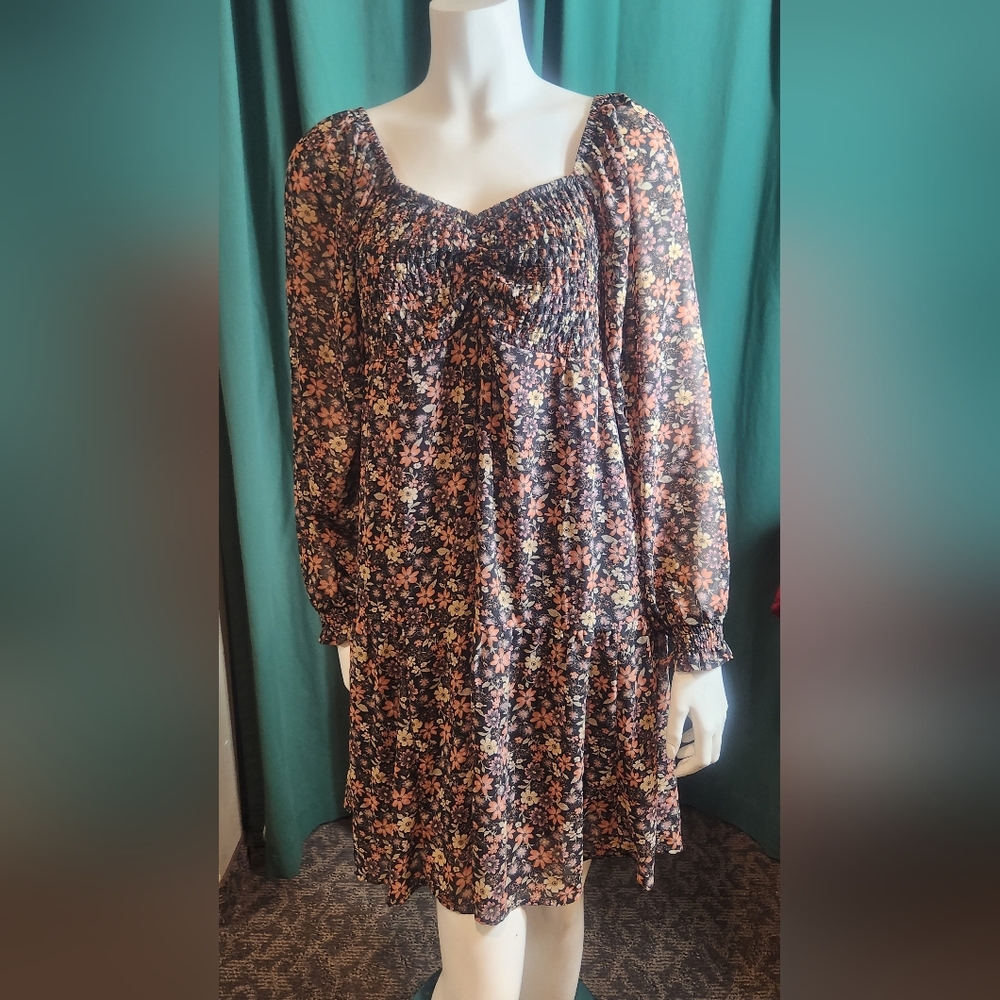 NWT Maurices Multicolor Floral Long Sleeve Partly Sheer Lightweight Midi Dress